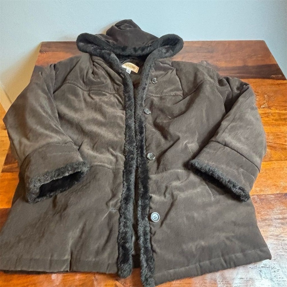 Vintage Talbots Women's Brown Hooded Faux Fur Lined Faux Suede Jacket M